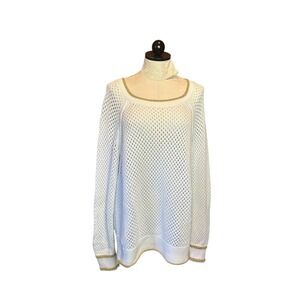 Juicy Couture White Open Knit Crochet Sweater Gold Trim Y2K Metallic Accents XL